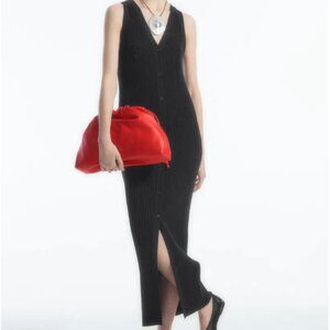 COS Button Front Rib-Knit V-Neck Modern Minimalist Chic Maxi Dress (Size L)